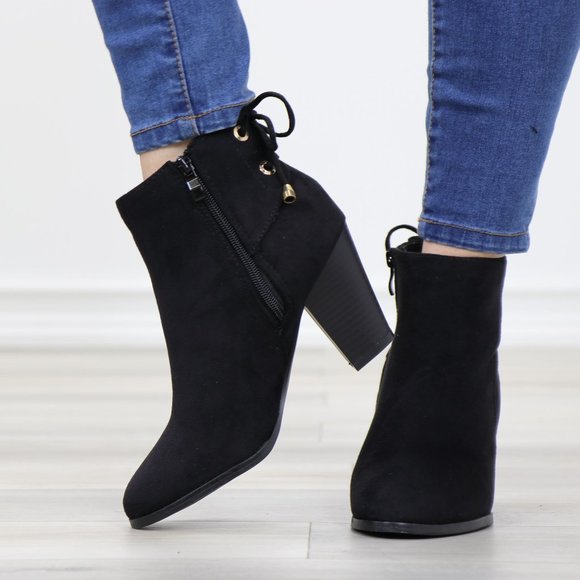 Black Pointed Toe Low Heel Ankle Boots Back Laces Booties Faux Suede - Picture 14 of 15